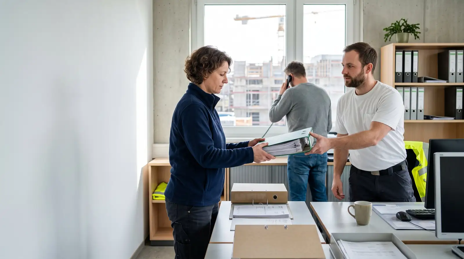 Im Büro eines Bauunternehmens geht eine vollständige Bestellung ohne Rückfrage von einer Hand in die andere.