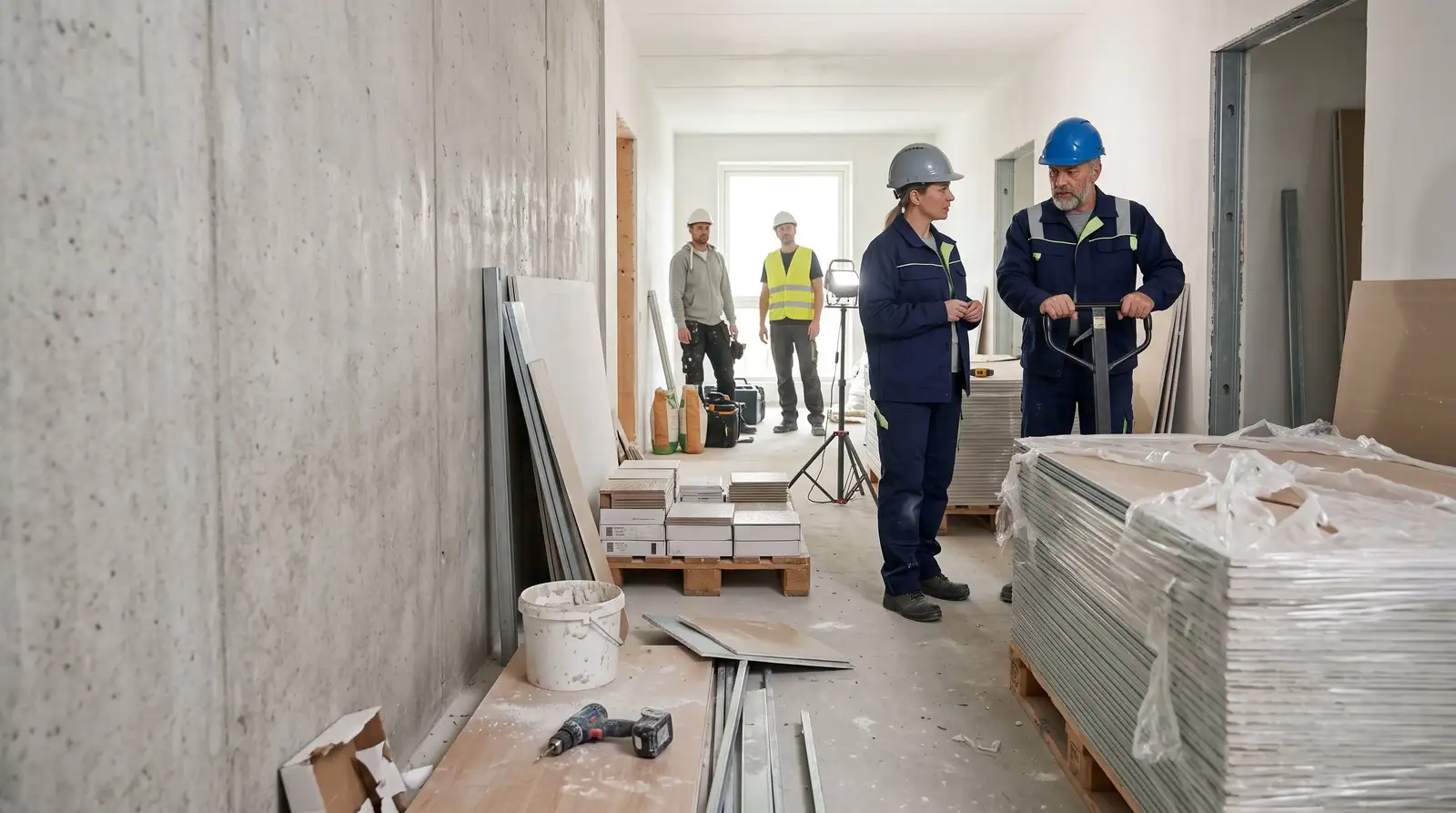 Paletten versperren den Flur im Ausbau; Bauleiterin und Polier klären die Reihenfolge, einer räumt schon um.