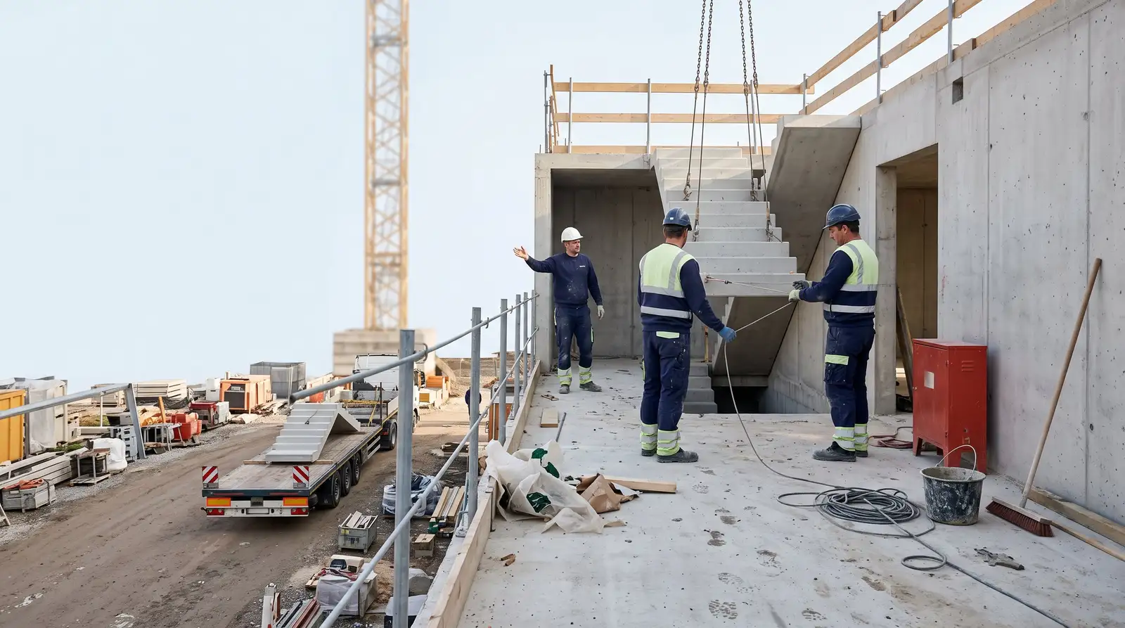 Der Kran setzt ein Treppenfertigteil ein, zwei Monteure führen es, das nächste Teil liegt schon bereit.