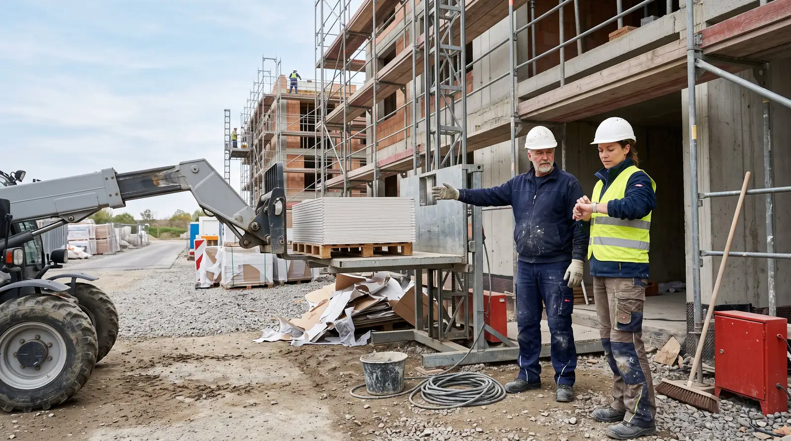 Ein Teleskoplader setzt Gipskartonplatten auf den Bauaufzug, Bauleiterin und Logistikpolier verfolgen den Materialfluss.