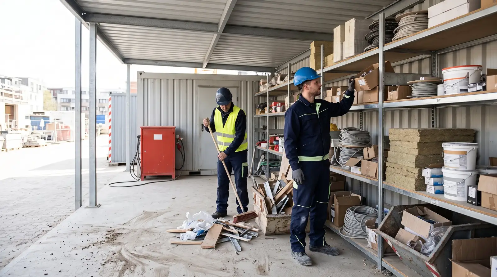Im Materiallager der Baustelle hat jedes Teil seinen Platz; ein Monteur nimmt genau die Kiste, die er braucht.