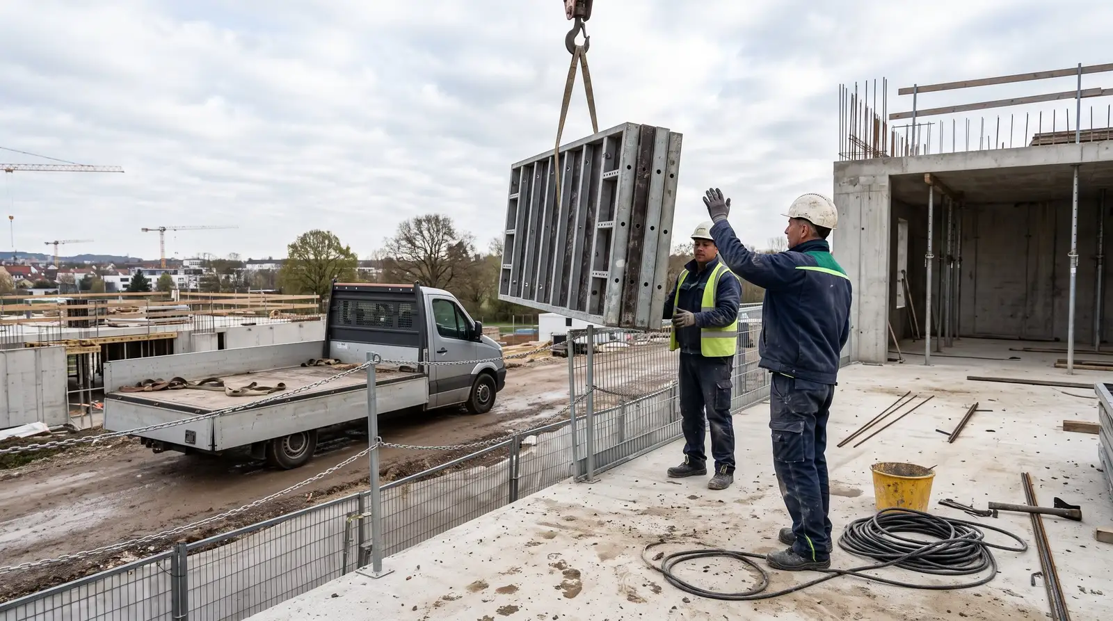 Der Lkw bringt genau die Schalung für heute; der Kran hebt sie direkt dorthin, wo die Zimmerer sie brauchen.
