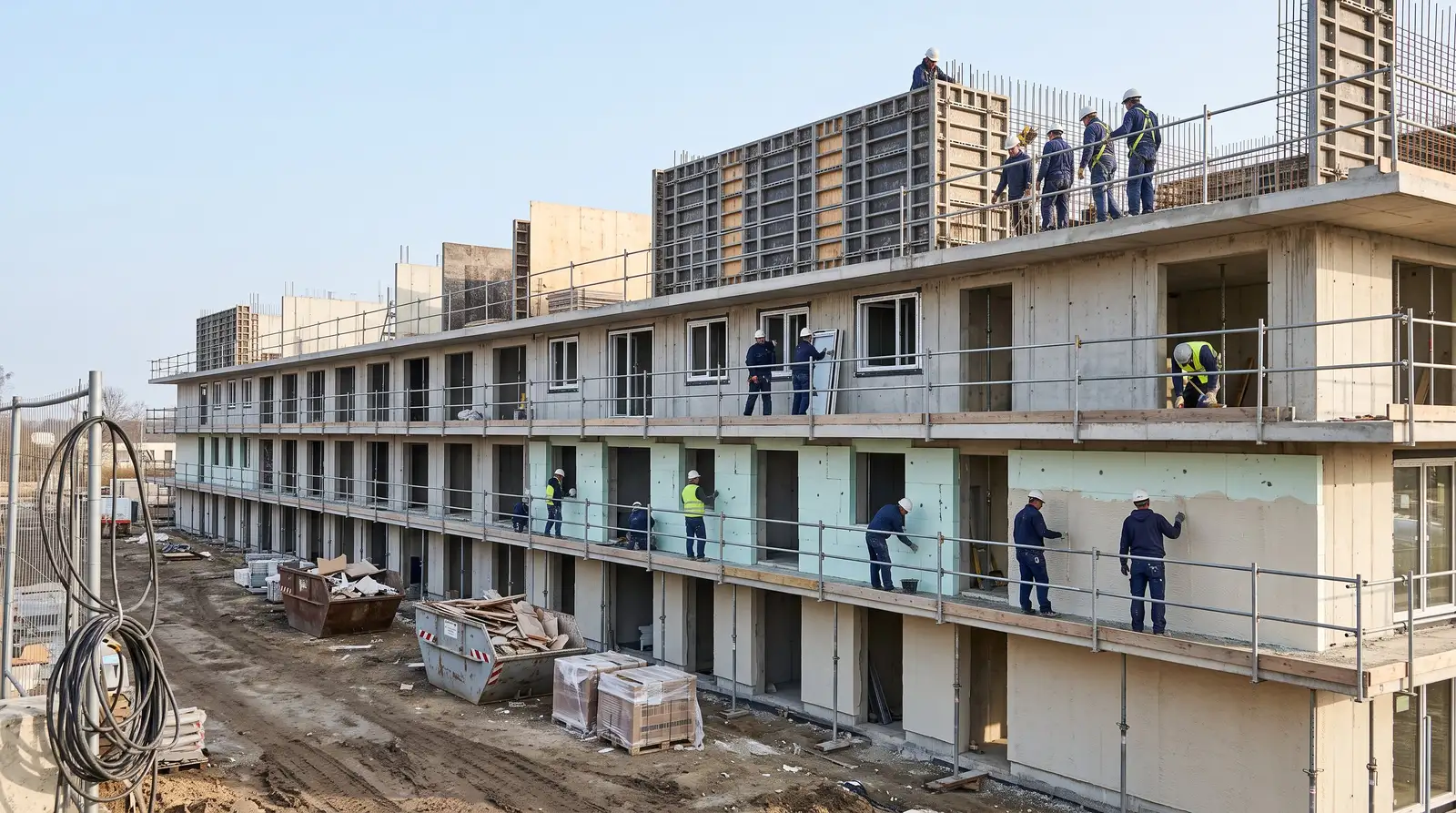 Fassade eines Wohnbaus im Bau: auf jedem Geschoss derselbe Arbeitsschritt, ein Geschoss weiter.