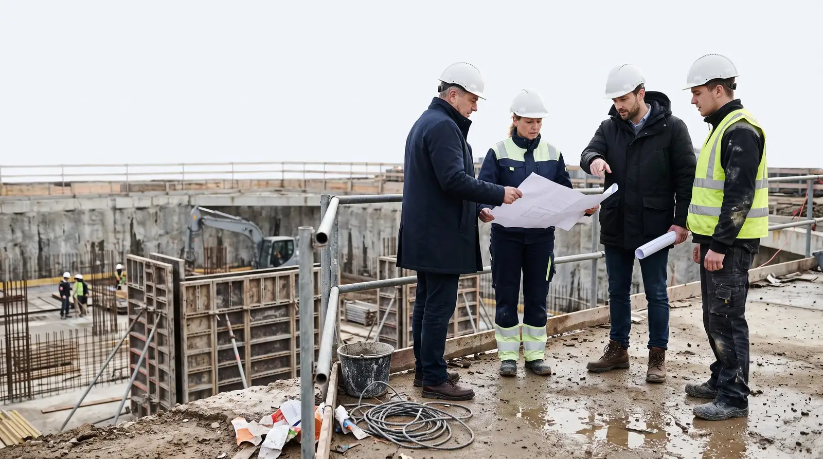 Bauherr, Bauleiterin, Architekt und Vorarbeiter stehen gemeinsam an der Baugrube und teilen sich einen Plan.