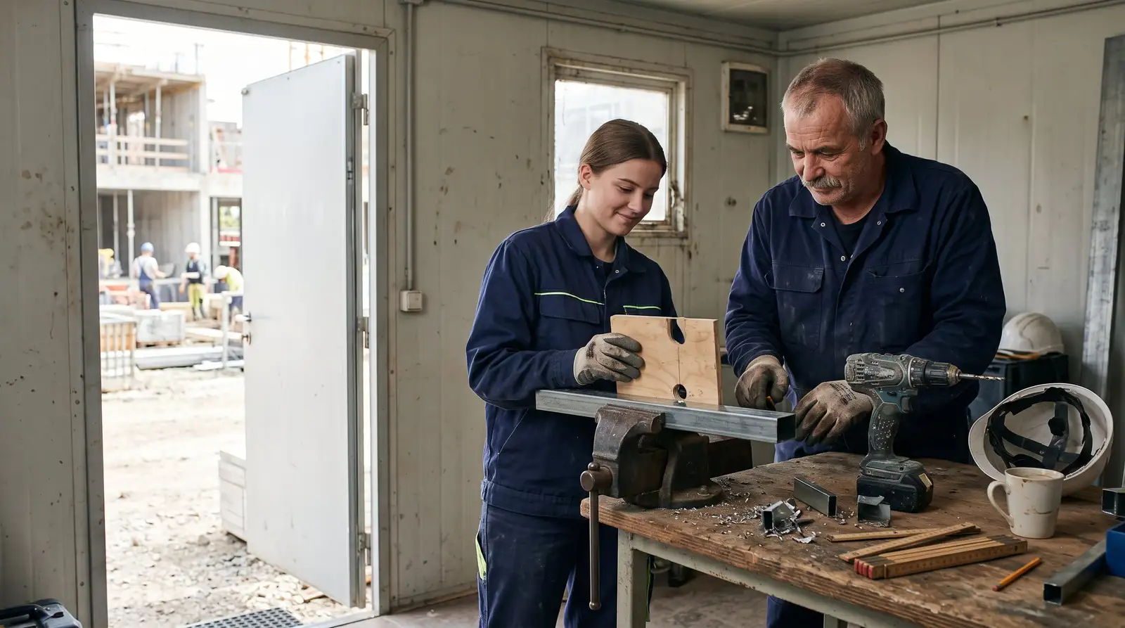 Polier und Auszubildende probieren im Werkstattcontainer eine selbst gebaute Bohrschablone aus.