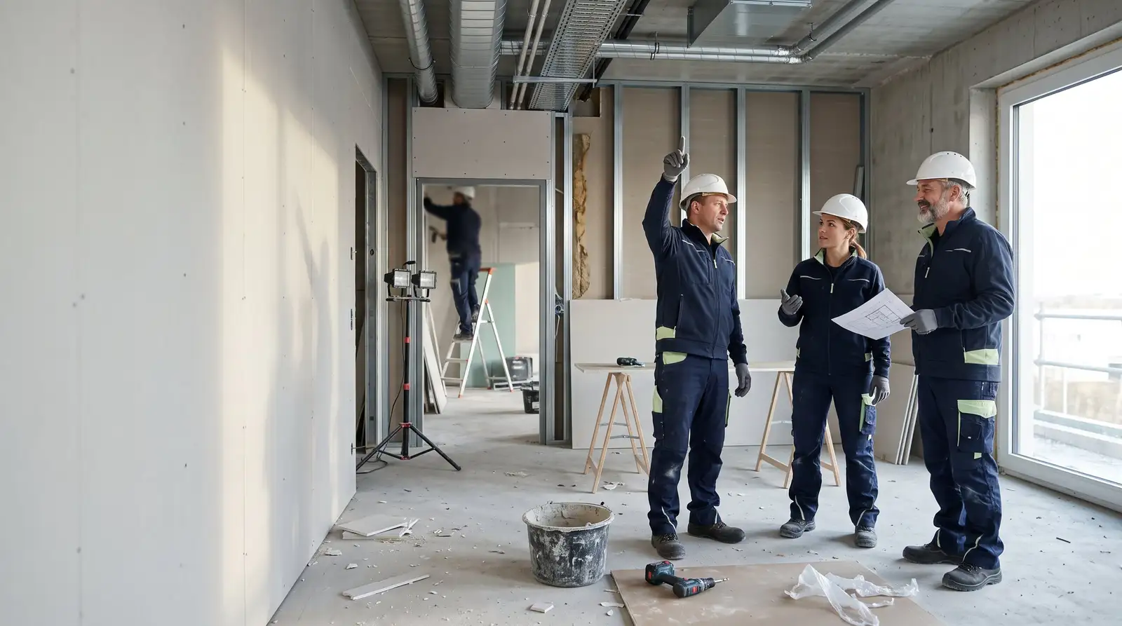 Drei Vorarbeiter verschiedener Gewerke stimmen vor Ort die Übergabe der nächsten Woche ab.